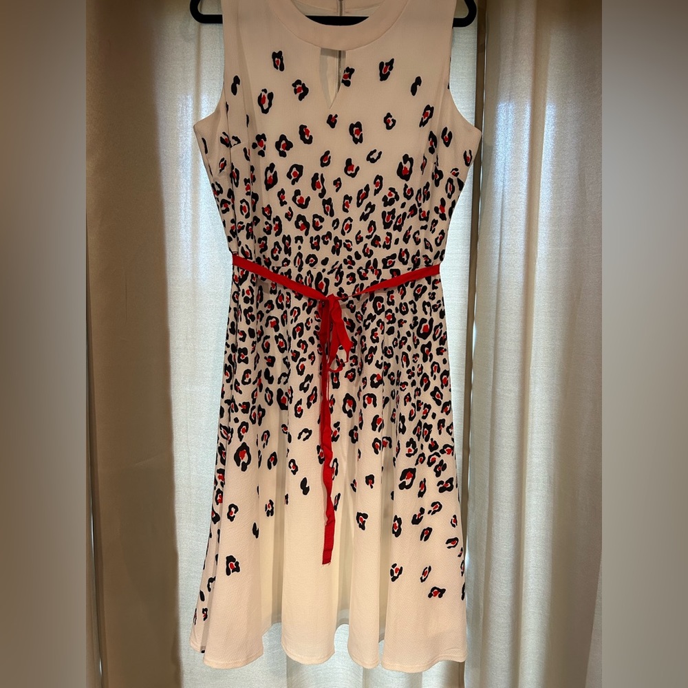 White Dress with Red Print and Cutout - Size 18, Danny and Nicole